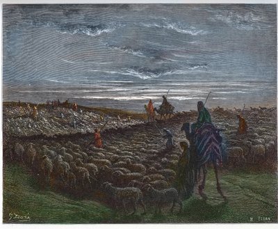 Abraham Journeying Into the Land of Canaan - Abram settled in the land of Canaan - engraving in “The Bible illustree” by Gustave Dore (1832-1883) - Engraving from “” The Dore Bible”” av Gustave Dore