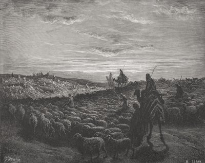Abraham Journeying Into the Land of Canaan, 1. Mosebok 13:1-4, illustrasjon fra Dores 