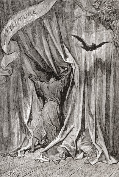 Etter en tegning av Gustave Dore til Edgar Allan Poes dikt Ravnen. Fra Gustave Dores liv og erindringer, utgitt 1885. av Gustave Dore