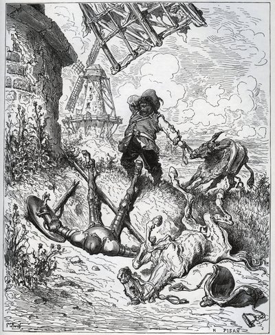 Etter angrepet gir vindmøllene - "" Misericorde! "" Sancho - fra "" Don Quixote de la Mancha"" av Miguel Cervantes (1547-1616) (Don Quixote) - Tresnitt etter tegning av Gustave Dore av Gustave Dore