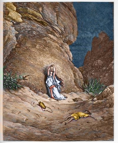 Agar (Hagar) og hennes sønn Ismail (Ishmael), i ørkenen etter å ha blitt utvist av Abraham - Agar (Hagar) og sønn Ismael (Ismael), i ørkenen etter å ha blitt jaktet av Abraham - gravering i "" Bibelen illustree"" av Gustave Dore (1832-1883) - Gravering fr av Gustave Dore