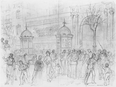 Album of the Siege of Paris, Boulevard Montmartre, januar 1871 (penn og brun blekkvask og blyant på papir) av Gustave Dore