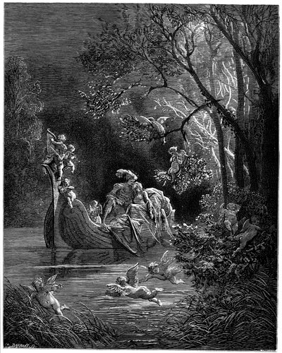 Alcina og Ruggiero som glade elskere ute og fisker av Gustave Dore