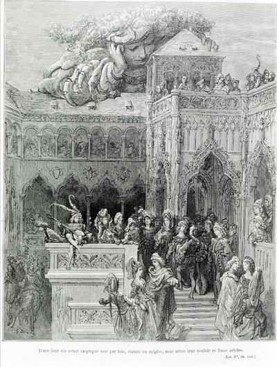 Hele deres liv ble ikke ansatt av lover, vedtekter eller regler, men i henhold til deres vilje og ærlige vilje, etter Gargantua (1534) av François Rabelais (1483 - 1553). Gravert av Gustave Dore (1832-1883). av Gustave Dore