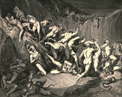 Midt i denne fryktelige overstrømmende ve løp nakne ånder bevinget av fryktelig frykt, ca 1890. av Gustave Dore