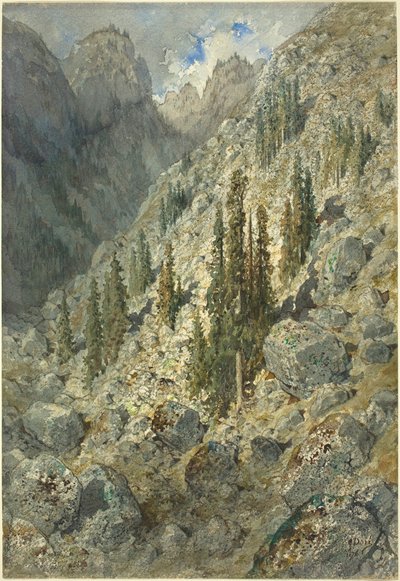 En alpin dal med trær og steinblokker av Gustave Dore