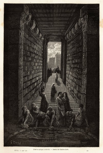En antikk sisterne, fortsatt i bruk, i Merida. Gravering for å illustrere reisen til Spania av Gustave Dore (1832-1883) illustratør og baron Ch. Davillier-reaktor, i 1862, publisert i "Le tour du monde, nouveau journal des voyages", under ledelse av av Gustave Dore