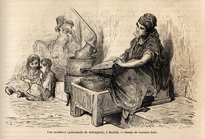 En utendørs kastanjehandler, med sin bærbare ovn, skisserer det levende i puerta del sol, i Madrid. Gravering av Gustave Dore (1832-1883) for å illustrere hans reise til Spania, med Ch. Davillier (redaktør), i 1862, publisert i "" Le tour du monde""" 18 av Gustave Dore