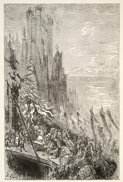 At the City of the Countess of the Fountain, fra Stories of the Days of King Arthur av Charles Henry Hanson, pub.1898 av Gustave Dore