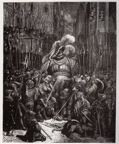 Ved starten av lyden takket elskverdig alle sveiserne i legionene hans - illustrasjon fra 'Gargantua og Pantagruel', av Francois Rabelais - gravering av Gustave Dore (1832-1883) av Gustave Dore
