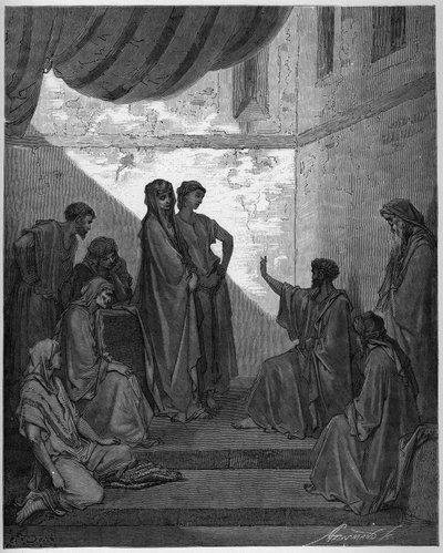 Dåp av høvedsmannen Cornelius - høvedsmannen Cornelius mottar troen på Jesus Kristus, og blir døpt av St. Peter. - Gravering i "The Bible illustree" av Gustave Dore (1832-1883) - Gravering fra "" The Dore Bible"" av Gustave Dore