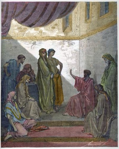 Dåp av høvedsmannen Cornelius - høvedsmannen Cornelius mottar troen på Jesus Kristus, og blir døpt av St. Peter. - Gravering i "The Bible illustree" av Gustave Dore (1832-1883) - Gravering fra "" The Dore Bible"" av Gustave Dore