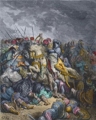 Slaget ved Arsur - Richard I Lion Heart (1157-1199), konge av England som deltar i det 3. korstoget - Richard the Lionheart i slaget ved Arsuf (1191), Third Crusade, gravering av Gustave Dore - fra History of the Crusades av Joseph -Francois Michaud av Gustave Dore
