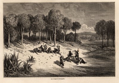Battle of Oranges av Carcagente, tegning av Gustave Dore (1832-1883), for å illustrere hans reise til Spania med C.Davillier, i 1862. Gravering i "" Le tour du monde", redigert av Edouard Charton av Gustave Dore