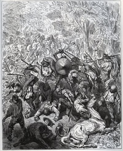 Kamp med muldyrmakere - Yangois brukte køllene sine - fra "Don Quixote de la Mancha" av Miguel Cervantes (1547-1616) (Don Quixote) - Tresnitt etter tegning av Gustave Dore av Gustave Dore