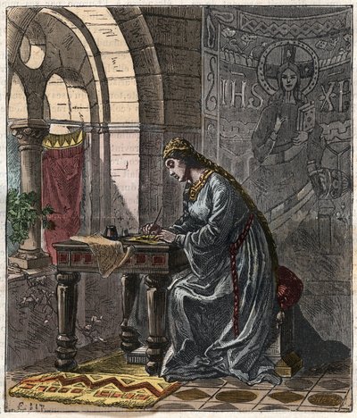 Bertrade av Montfort (1070-1117) Dronning av Frankrike (kone til Filip I, konge av Frankrike) i Fontevrault - Gravering av Gustave Dore fra 1800-tallet i "" Nasjonalhistorie illustrert av Frankrike fra de mest tilbaketrukne tider til i dag" 1876 - Private  av Gustave Dore