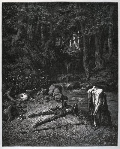 Bivouac in the forest - Convived by the beauty of the place, they resolved to spend the hours of nap there - from “” Don Quixote de la Mancha”” by Miguel Cervantes (1547-1616) (Don Quixote) - Woodcut after drawing by Gustave Dore av Gustave Dore
