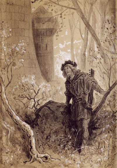 Blondel som hører stemmen til Richard Løvehjerte, illustrasjon for Gargantua og Pantagruel av Francois Rabelais (1483-1494 - 1553), gravering av Gustave Dore (1832-1883) av Gustave Dore