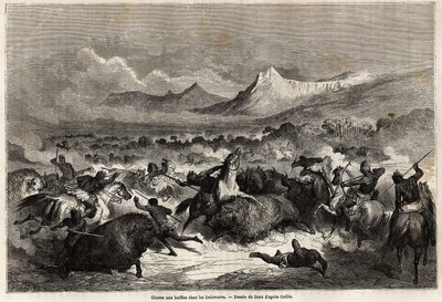 Bøffeljakt blant Delawares, indianere som bor ved bredden av elven med samme navn, tegning av Gustave dore (1832-1883), for å illustrere reisen til Mississippi til Stillehavet i 1853-54 av Baudouin Mollhausen (1825- 1905). Engravi av Gustave Dore