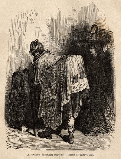 Buhonero, aragonisk kjøpmann. Tegning av Gustave Dore (1832-1883). Gravering for å illustrere reisen i Spania, av Charles Davillier, i 1862, utgitt i "" Le tour du monde""" 1872, redigert av Edouard Charton, Hachette-utgaven, Paris. Selva samling. av Gustave Dore