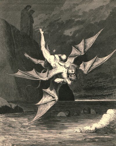 Men den andre viste seg å være hønsehauk...og i den kokende innsjøen falt begge, ca 1890. av Gustave Dore