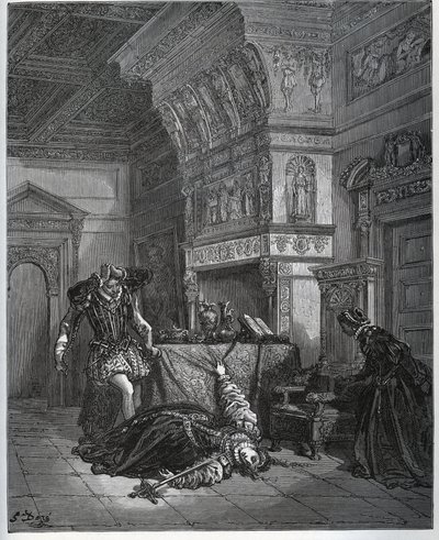 Camille finter selvmord foran Lothaire og Leonella - fra «Don Quixote de la Mancha» av Miguel Cervantes (1547-1616) (Don Quixote) - Tresnitt etter tegning av Gustave Dore av Gustave Dore