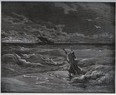 Fangehistorie. Aagi-Morato, faren til Zoraide, barker på kysten fra "Don Quixote de la Mancha"" av Miguel Cervantes (1547-1616) (Don Quixote) - Tresnitt etter tegning av Gustave Dore av Gustave Dore