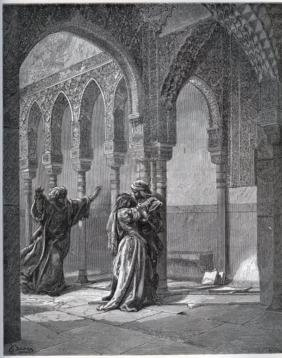 Fangehistorie. Første møte av fangen med Zoraide i hagen til faren hennes - fra "Don Quixote de la Mancha"" av Miguel Cervantes (1547-1616) (Don Quixote) - Tresnitt etter tegning av Gustave Dore av Gustave Dore