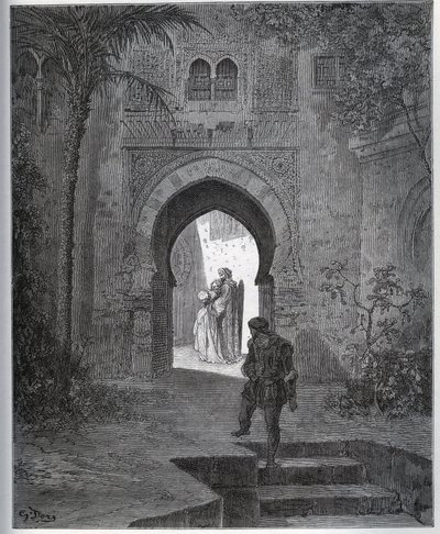 Fangehistorie. Fangens første møte med Zoraide i hagen til faren, som bringer henne tilbake etter sin ubehagsfinte fra «Don Quixote de la Mancha» av Miguel Cervantes av Gustave Dore