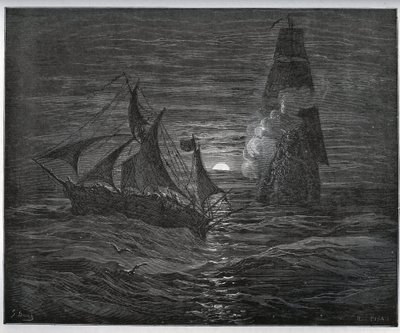 Fangehistorie. Den spanske rømningsbåten blir angrepet av et fransk skip fra "" Don Quixote de la Mancha"" av Miguel Cervantes (1547-1616) (Don Quixote) - Tresnitt etter tegning av Gustave Dore av Gustave Dore