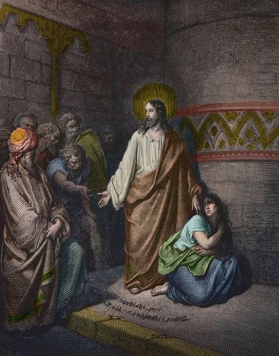 "" Kristus og den utro kvinnen"" Illustrasjon av Gustave Dore (1832-1883) - Jesus og kvinnen tatt i utroskap - gravering av Gustave Dore - senere fargelegging av Gustave Dore
