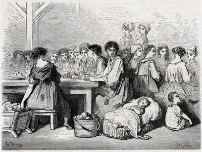 Sigarrera fra Sevilla. Produksjon av sigarer, arbeidere, tobakk. Tegning av Gustave Dore som illustrerer «Voyage en Espagne» av Charles Davillier av Gustave Dore
