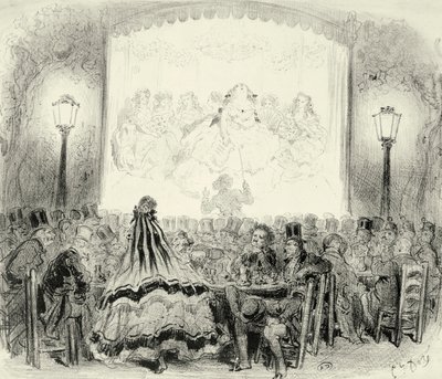 Kaffekonsertsal i Frankrike, av Paul Gustave Dore' (1832-1883), ca 1865, gravering. av Gustave Dore