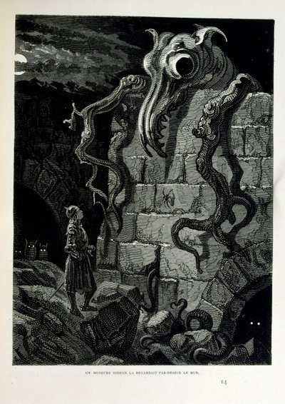 Croque-Mitaine; 1863 illustrasjon, av Gustave Dore (1832 – 1883); Fransk kunstner, grafiker, illustratør. Croque-Mitaine (The bogeyman) en ondsinnet karakter presentert for barn for å skremme dem og dermed gjøre dem klokere. av Gustave Dore