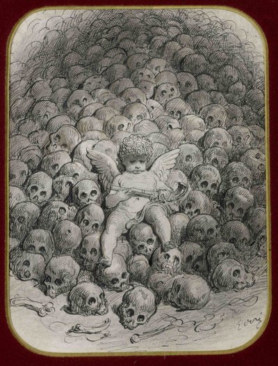 ""Amor bevæpnet med en pistol som sitter på et fjell av hodeskaller"" (Amor med en pistol på toppen av et skallefjell) Blekk og tegning av Gustave Dore (1832-1883) Privat samling av Gustave Dore