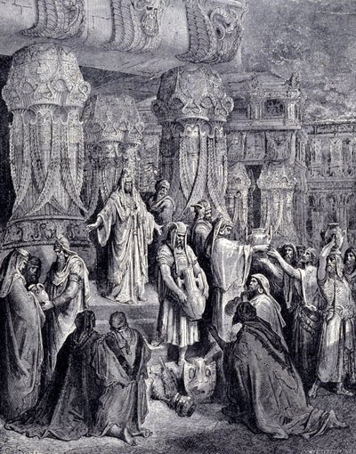 Kyros II den store (580 f.Kr. - 530 f.Kr.) frigjorde de fangede folkene ved hans ankomst til Babylon i 539 f.Kr. og returnerte til det jødiske folk de hellige karene som var blitt tatt som bytte i Jerusalems tempel. Gravering av Gustave Doré. av Gustave Dore