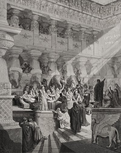 Daniel tolker skriften på veggen, Daniel 5:25-28, illustrasjon fra Dores 'The Holy Bible', gravert av Ligny, 1866 av Gustave Dore