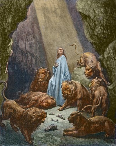 Daniel blir kastet inn i løvehulen - Daniel i løvehulen - gravering av Gustave Dore - senere fargelegging av Gustave Dore
