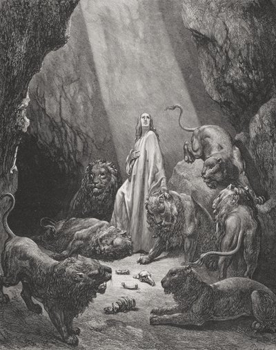 Daniel i løvene, Daniel 6:16-17, illustrasjon fra Dores 