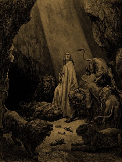 Daniel i løvenes hule, av Doré. - Bibelen av Gustave Dore