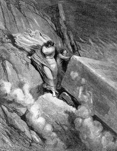 Dante og Virgil ved kanten av avgrunnen hvorfra en stinkende lukt dampet opp, 1863 av Gustave Dore