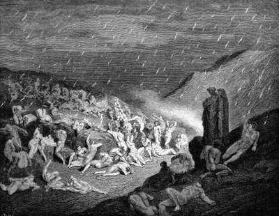 Dante og Virgil ser ned på sjeler i pine i infernoet, 1863 av Gustave Dore