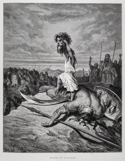 David dreper Goliat, illustrasjon fra Dore-bibelen av Gustave Dore