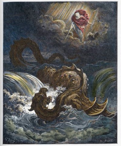 Ødeleggelse av Leviathan - Ødeleggelsen av Leviathan, det marine monsteret i Det gamle testamente - gravering i "" The Bible illustree"" av Gustave Dore (1832-1883) - Gravering fra "" The Dore Bible"" av Gustave Dore