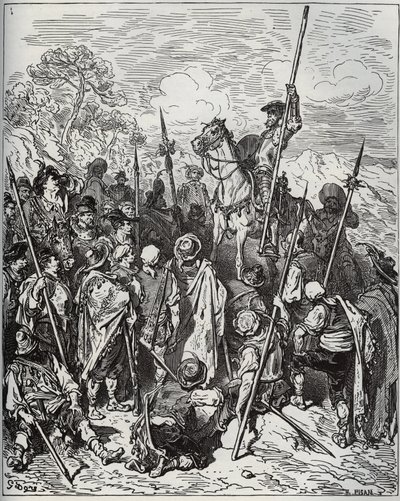 Don Quijote og Sancho med skvadronen til de grådige landsbyboerne - fra "Don Quijote de la Mancha"" av Miguel Cervantes (1547-1616) (Don Quixote) - Tresnitt etter tegning av Gustave Dore av Gustave Dore