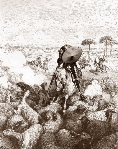 Don Quixot angriper saueflokken Gravering av Gustave Dore (1832-1883) for "The Ingenieux Hidalgo Don Quixote de la Mancha (Quixotte - Quixote)" av Miguel de Cervantes (1547-1616) 1863 Privat samling av Gustave Dore