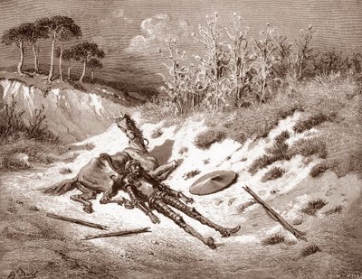 Don Quijote Etter å ha blitt slått, ber Quijote etter sin ideelle dame Dulcinea del Toboso Gravering av Gustave Dore (1832-1883) for "The Ingenieux Hidalgo Don Quijote de la Mancha (Quixotte - Quijote)" av Miguel av Cervantes (1547-16316) 1863 Pr av Gustave Dore