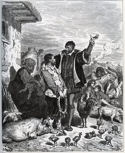 Don Quijote overtaler sin nabo Sancho Panza til å være hans ecuyer - fra «Don Quixote de la Mancha»» av Miguel Cervantes av Gustave Dore