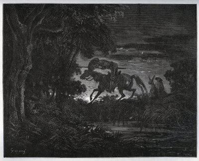 Don Quixote og Sancho Panza i begynnelsen av eventyret i en tykk og ukjent skog - fra "Don Quixote de la Mancha" av Miguel Cervantes (1547-1616) (Don Quixote) - Tresnitt etter tegning av Gustave Dore av Gustave Dore