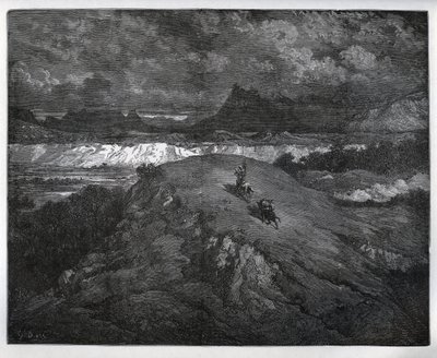 Don Quixote og Sancho Panza fortsetter sine eventyr i en fjellregion, Sierra Morena - fra "Don Quixote de la Mancha" av Miguel Cervantes (1547-1616) (Don Quixote) - Tresnitt etter tegning av Gustave Dore av Gustave Dore